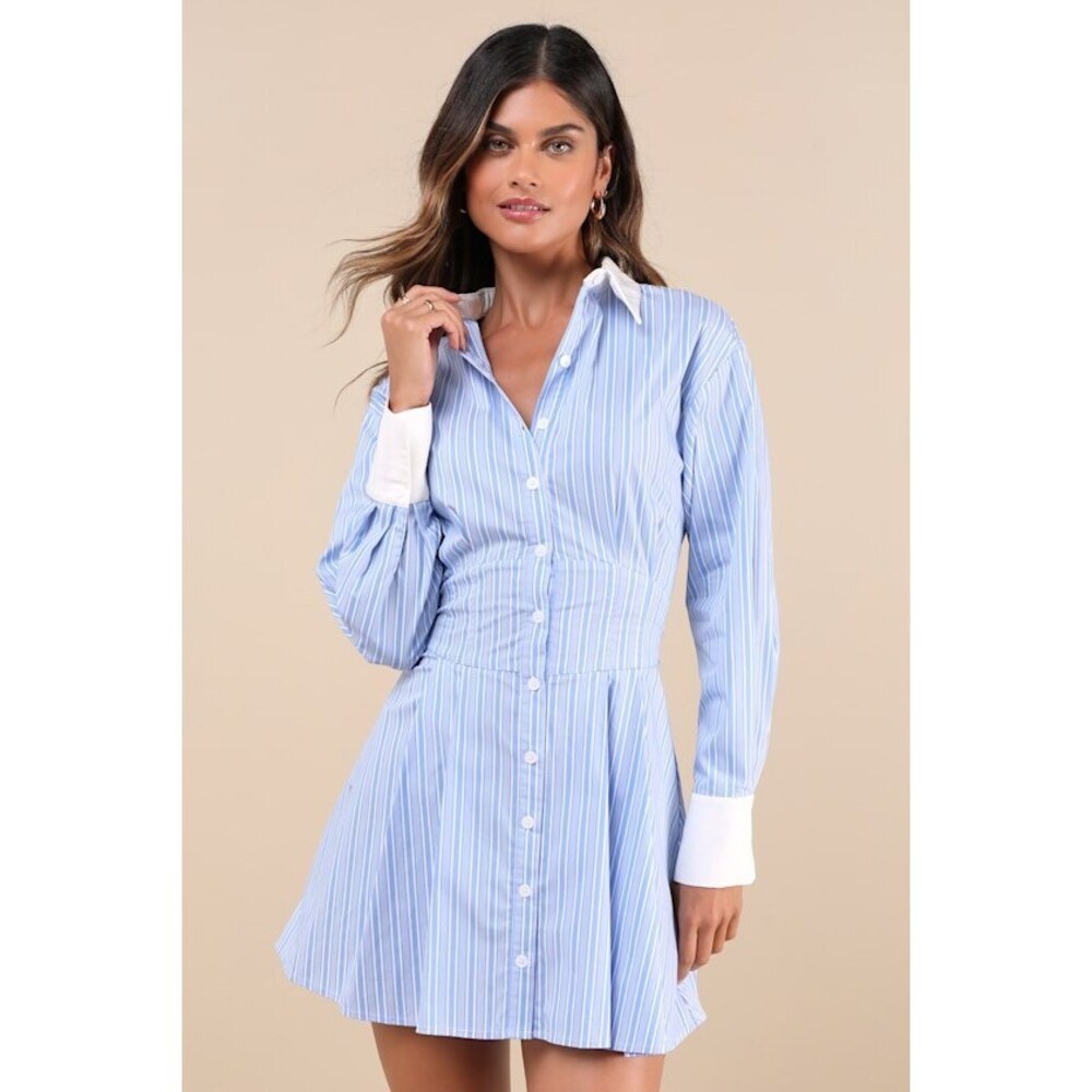 Lulus Suave Confidence Blue And White Striped Collared Mini Dress - Size XS